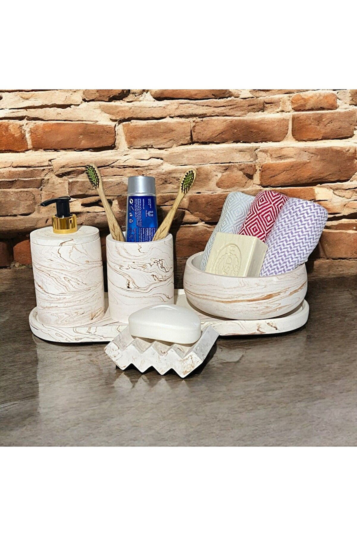 Sanatsal Mermer Desenli Beton Banyo Aksesuar Seti (5 Parça)