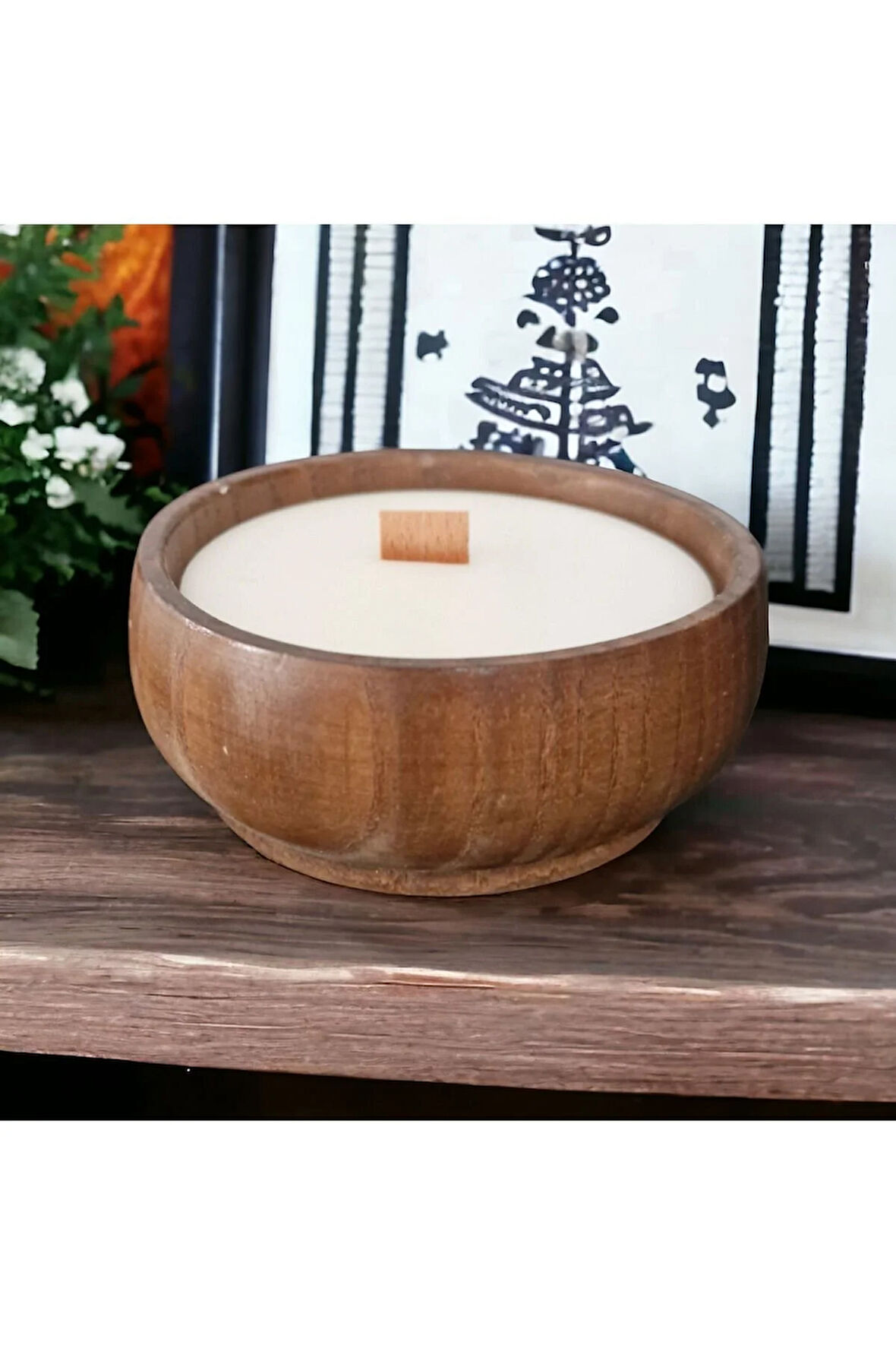 Ahşap Mumlukta Lavanta Kokulu %100 Doğal Soya Mum (9 CM)