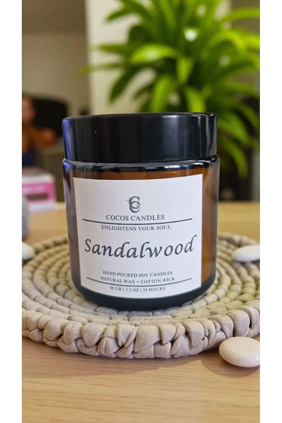 Sandal Kokulu Amber Bardakta %100 Doğal Kokulu Soya Wax Mum (6 cm-Kahverengi-Amber)