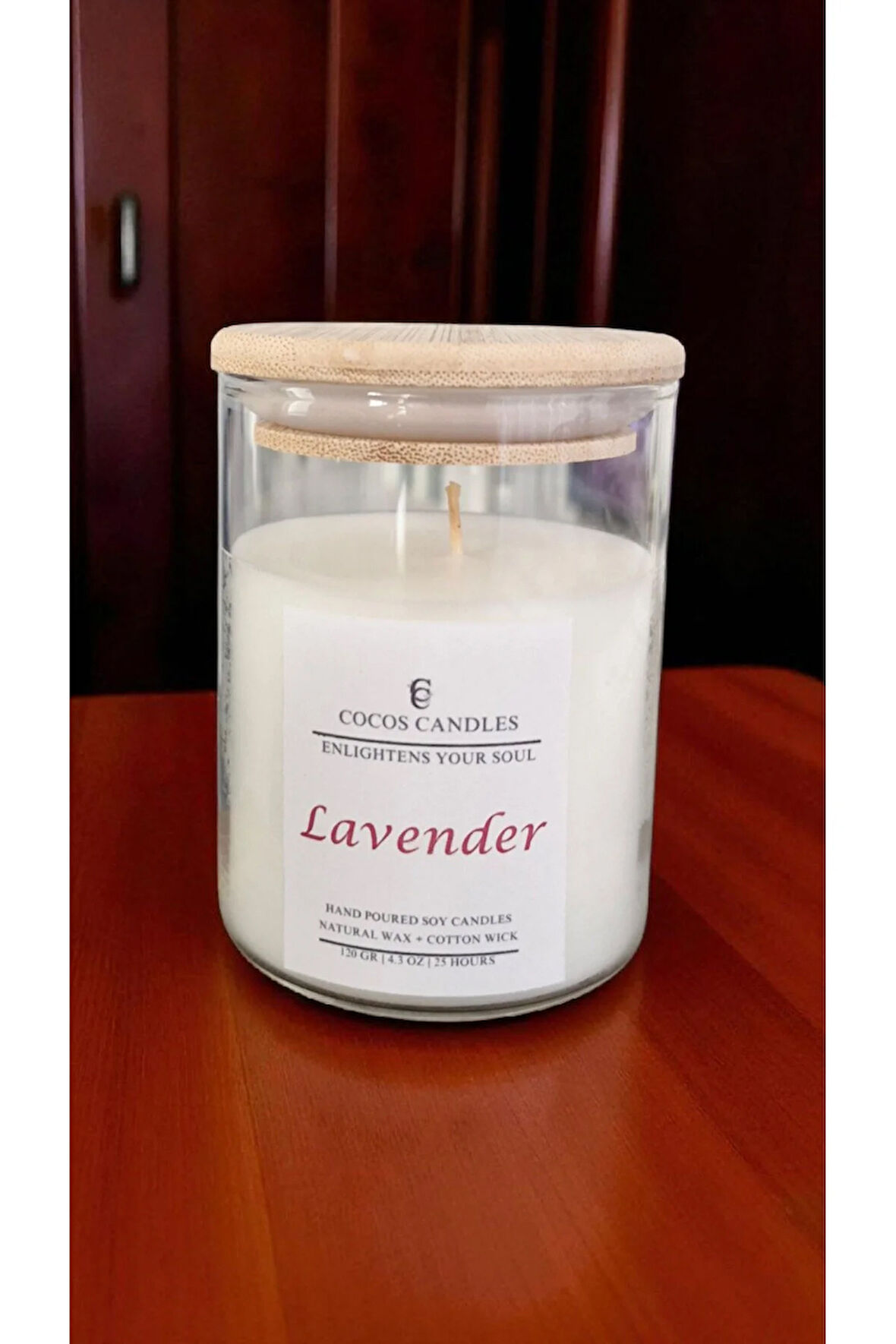 Lavanta Kokulu Bambu Kapaklı Cam Bardakta %100 Doğal Kokulu Soya Wax Mum (6x9 CM-BAMBU)