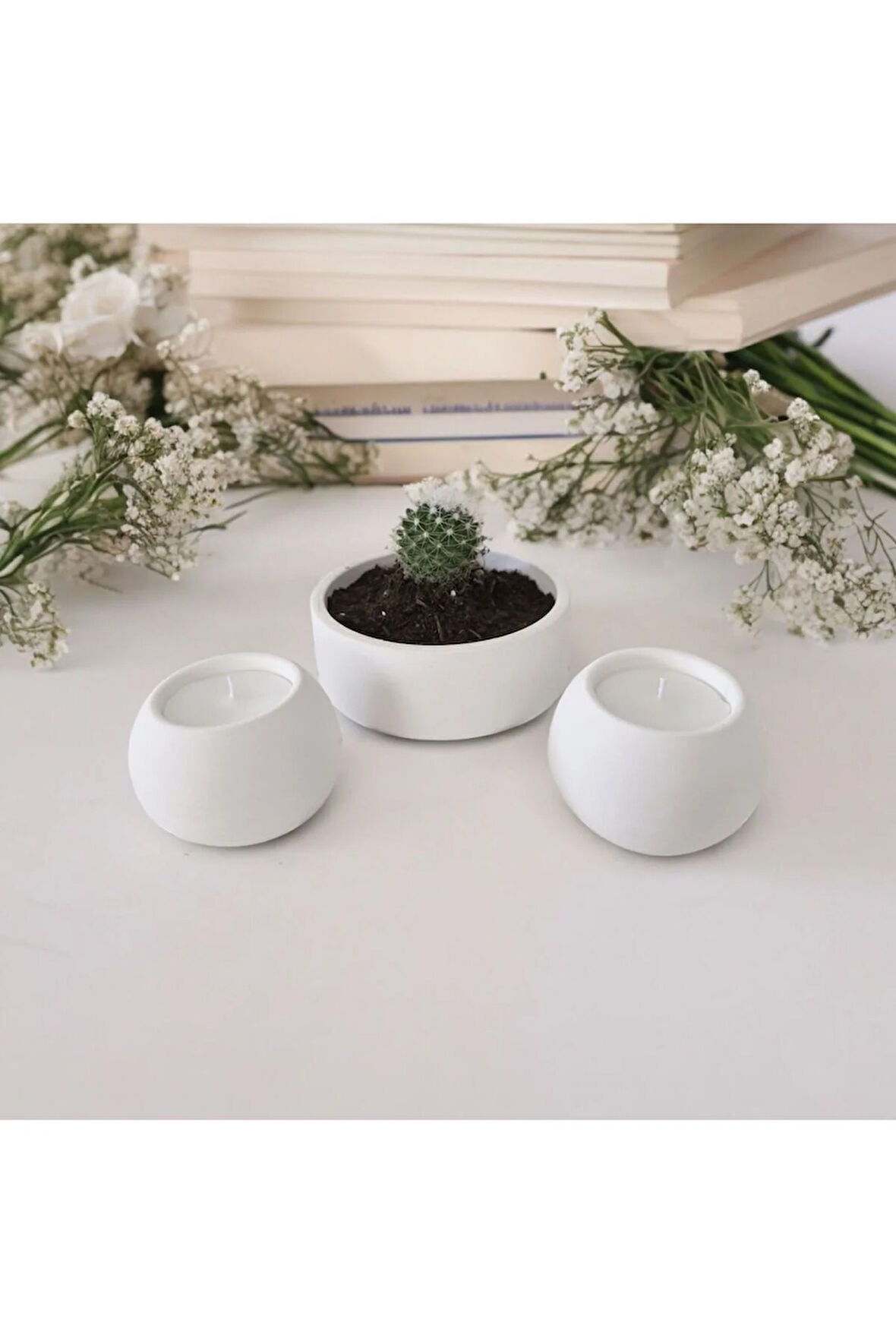 Taş Mumlukta Kaktüs ve Mum , Lavanta Kokulu %100 Doğal Soya Mum - Yuvarlak (12 cm,7cm, 7cm)- 3lü set