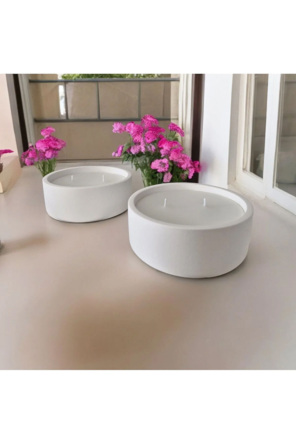 Taş Mumlukta Lavanta Kokulu %100 Doğal Soya Mum - Yuvarlak (12 cm,12 cm)- 2 li set