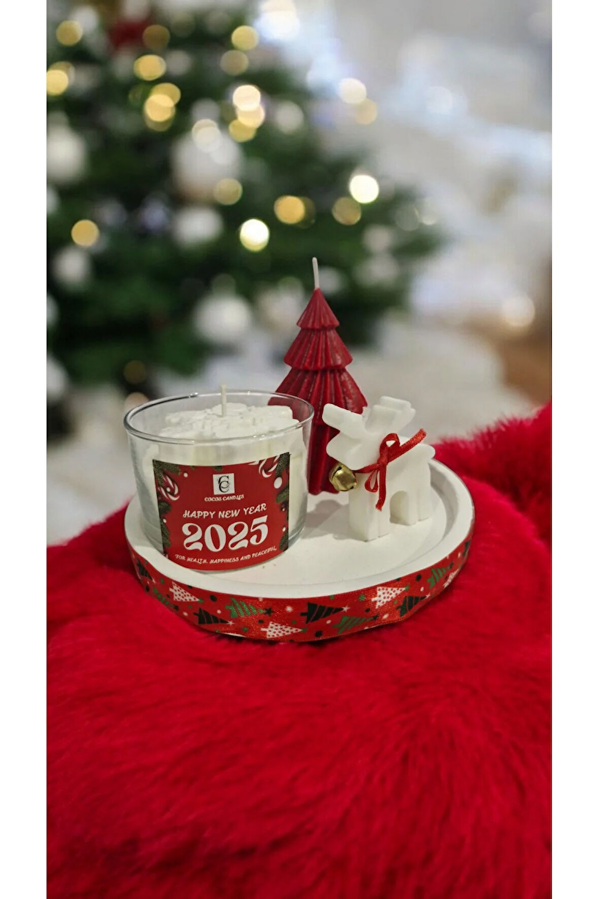 Yılbaşı Mum Set (Geyik, Çam, Kar Tanesi, Yuvarlak Taş Tepsi)
