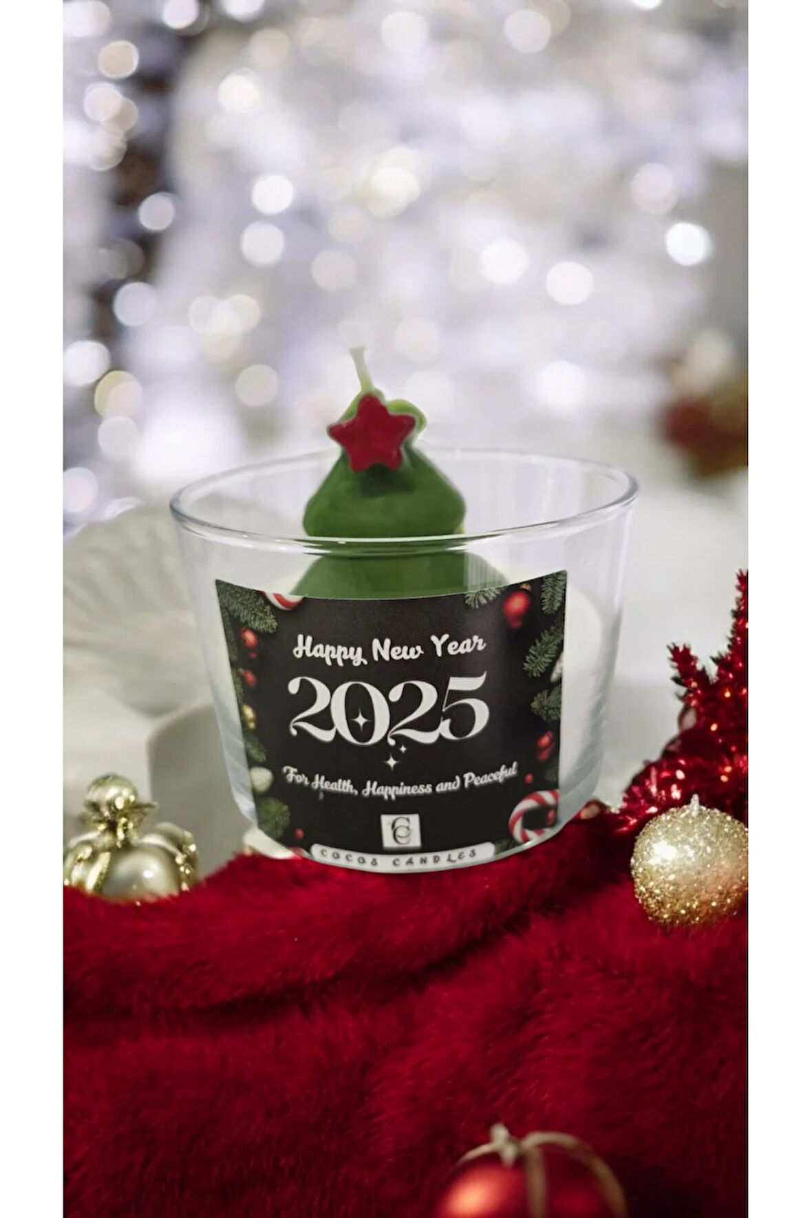 Yılbaşı Mum - Yeşil Çam Cam Bardakta