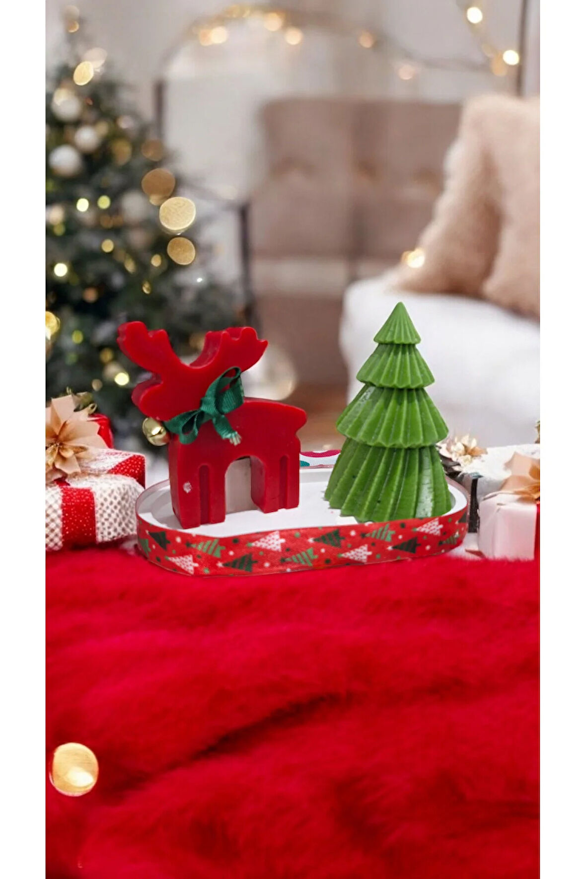 Yılbaşı Mum Set - Geyik, çam, tepsi