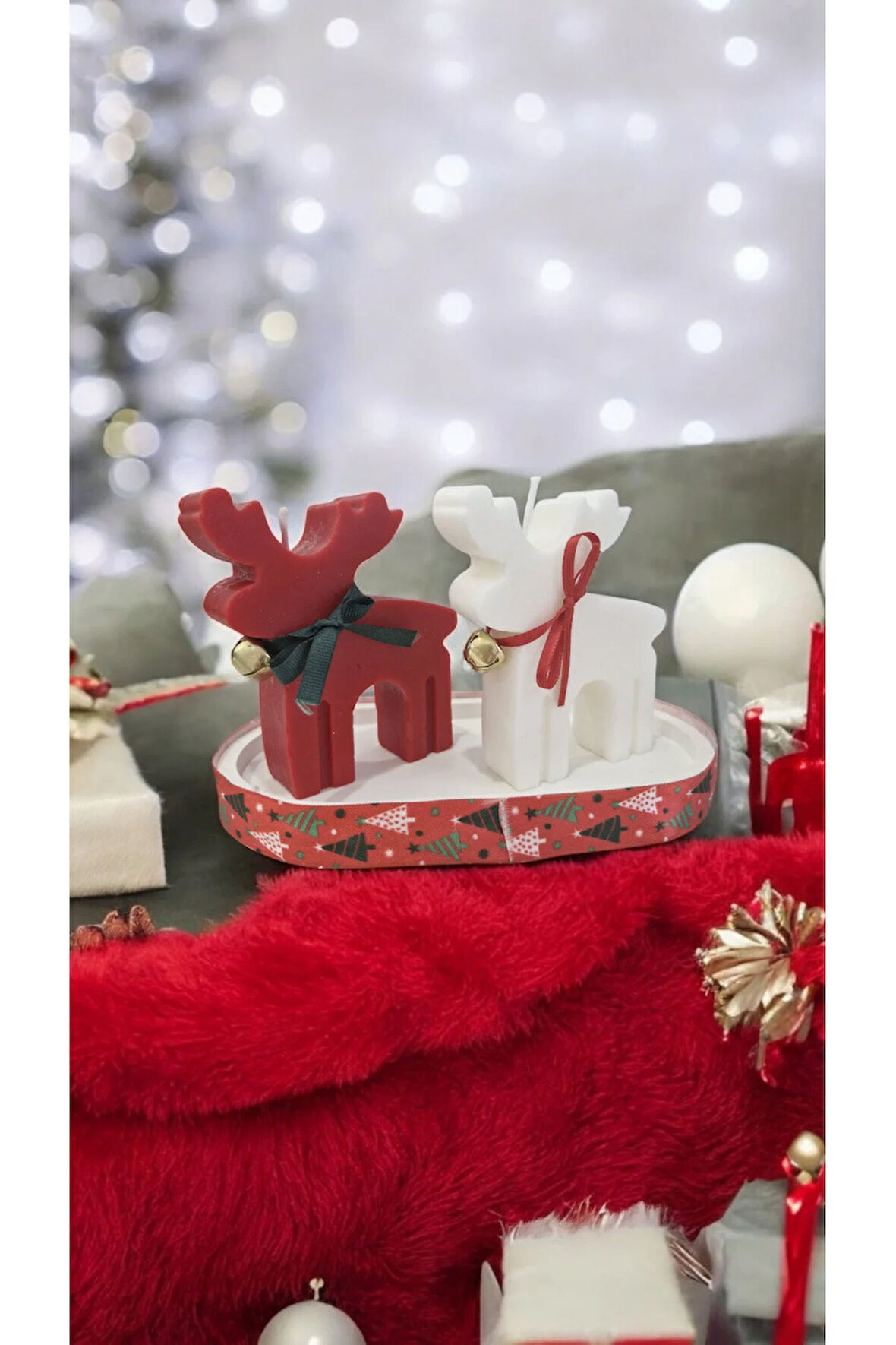 Yılbaşı Mum Set - Kırmızı Geyik, Beyaz Geyik, Beyaz Taş Tepsi