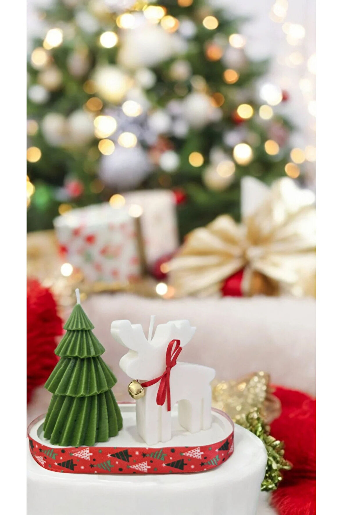 Yılbaşı Mum Set - Yeşil Çam, Beyaz Geyik, Beyaz Taş Tepsi