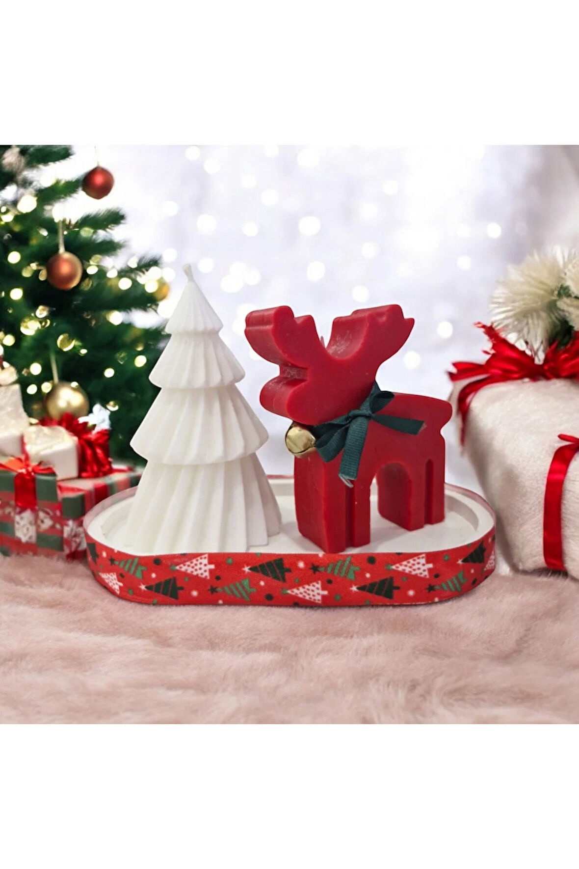 Yılbaşı Mum Set - Kırmızı Geyik, Beyaz Çam, Beyaz Taş Tepsi
