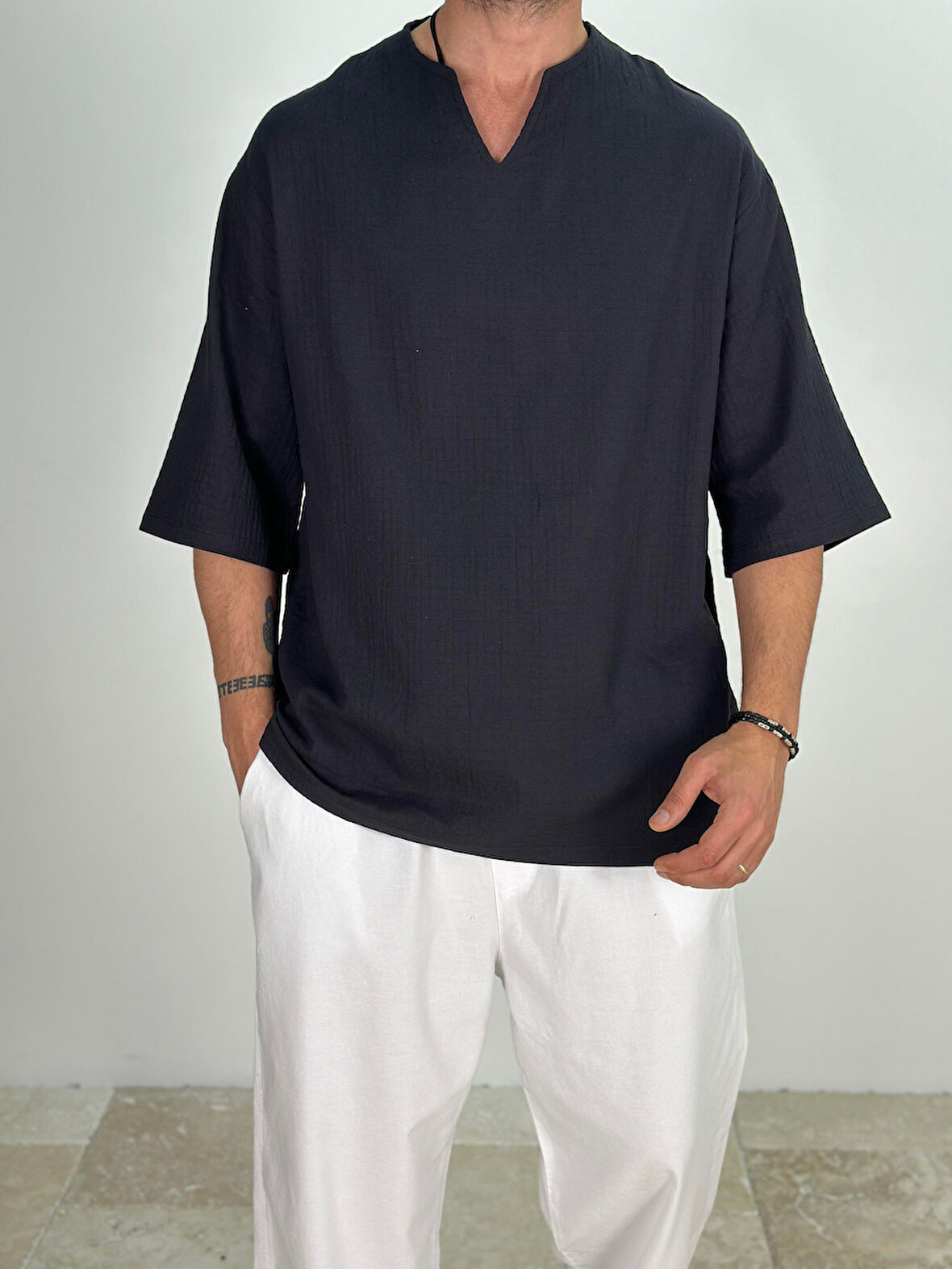 Müslin Kumaş Fakir Kol Siyah T-Shirt