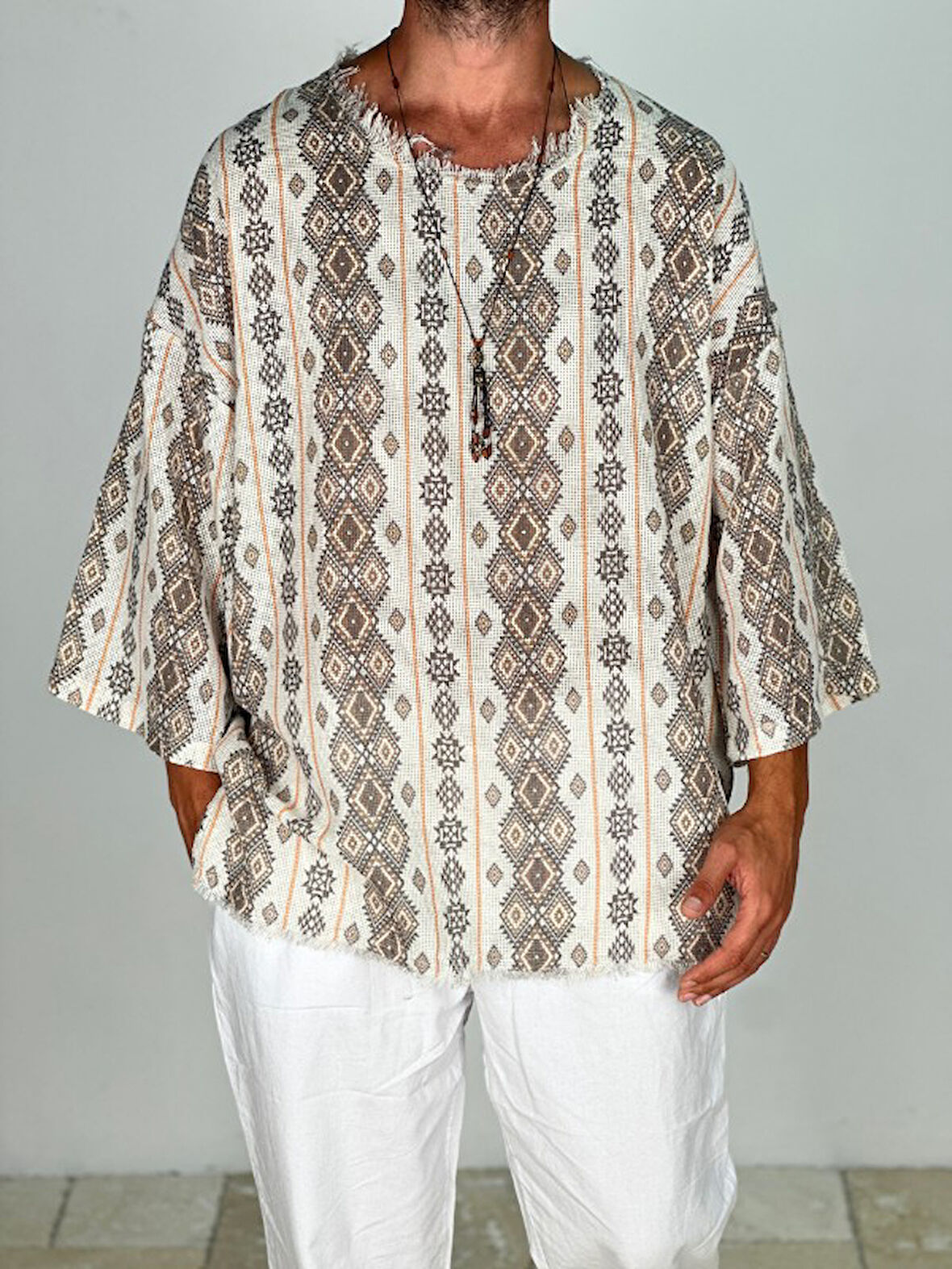 Çizgili Desenli Bohem Fakir Kol T-Shirt