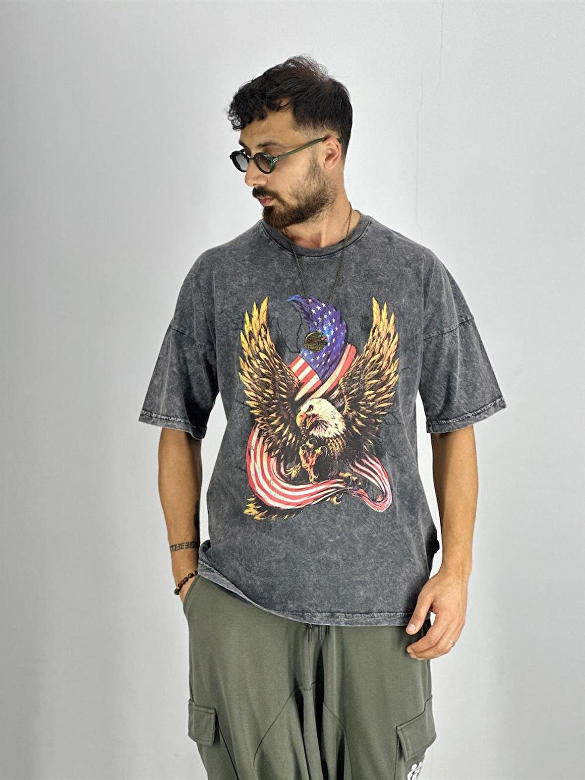 Erkek Yıkamalı Kumaş Baskılı T-Shirt
