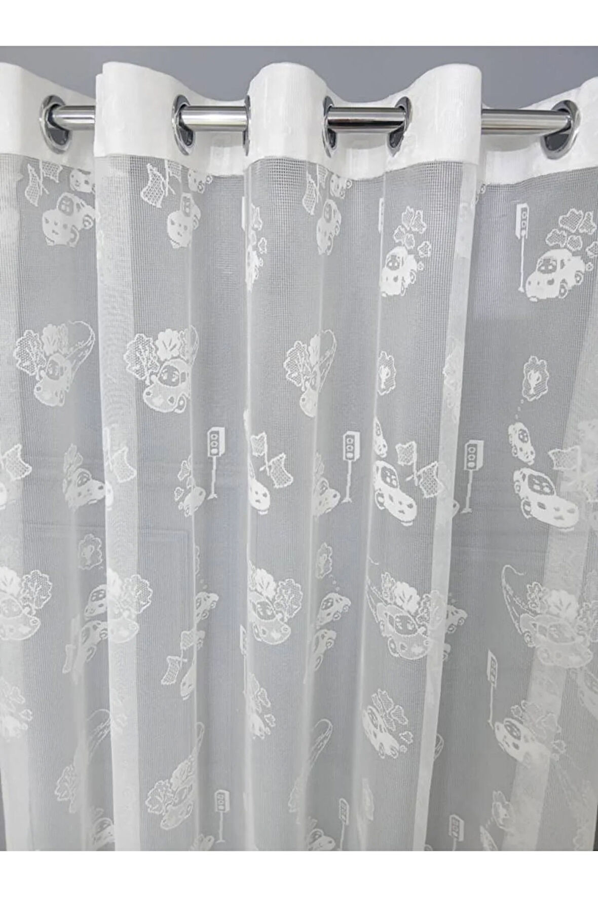 Çocuk Odası Araba Desenli Rustik Tül Perdesi Kuşgözü Perde Rustik Tül Perde