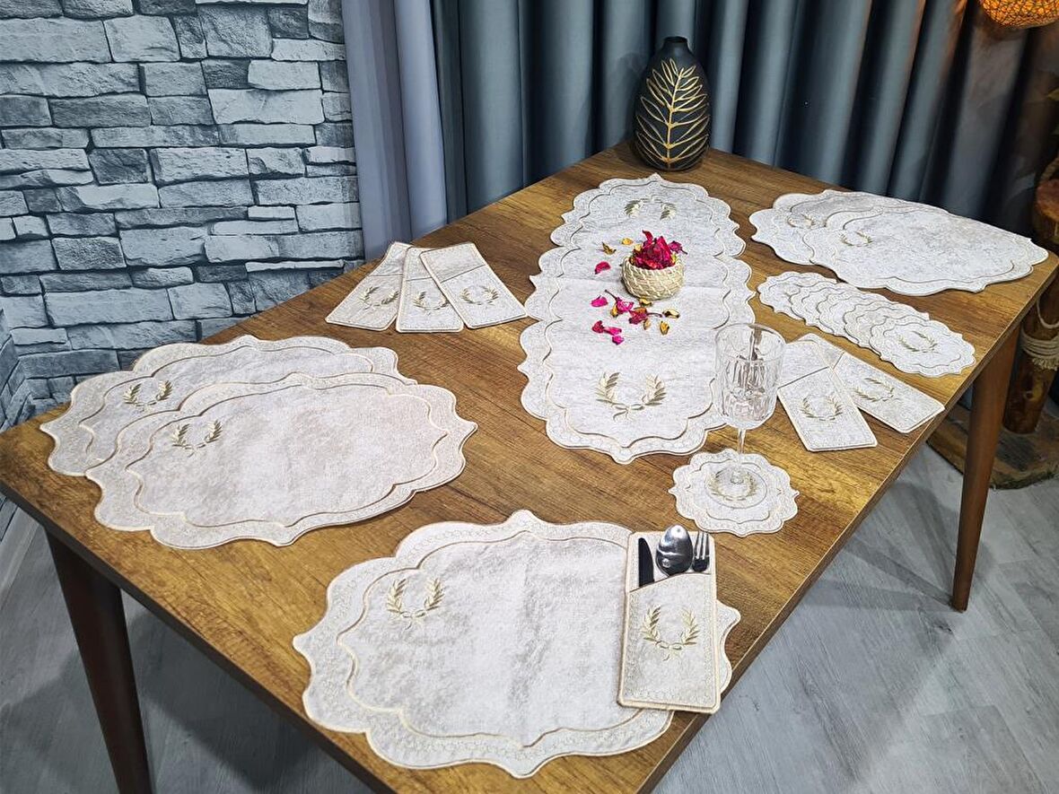 Çeyiz Diyarı Fiyonk Nakışlı 19 Parça Amerikan Servis Seti Krem Cappucino