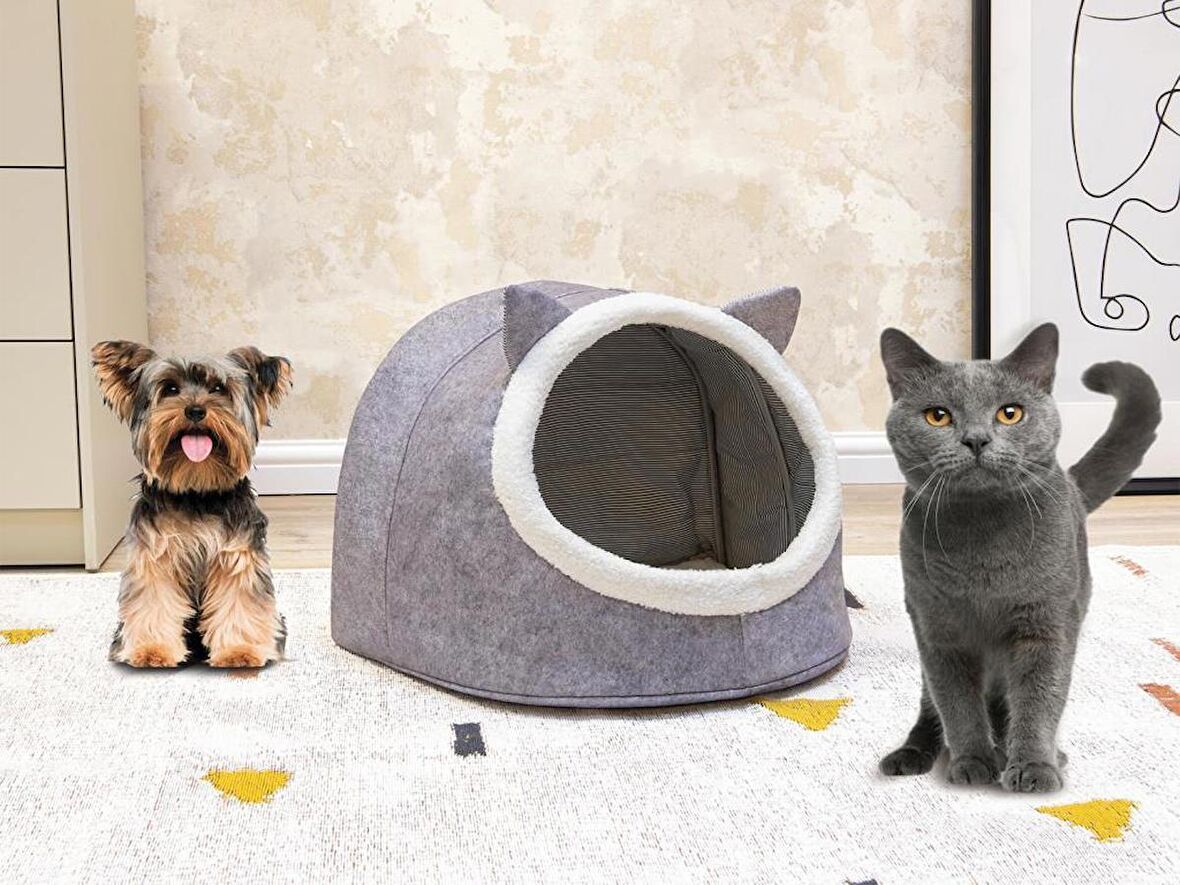 Çeyiz Diyarı Tek Katlı Minderli Kedi Evi Gri