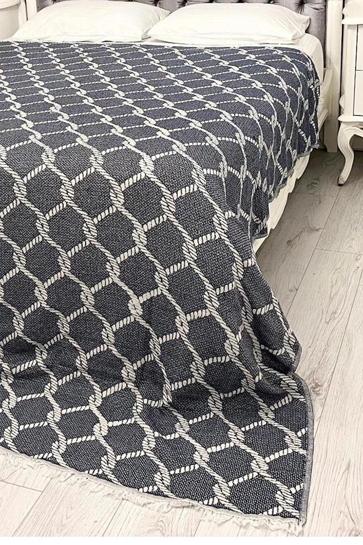 Halat Keten Çift Kişilik Saçaklı Tek Pike 220x240 Cm Lacivert