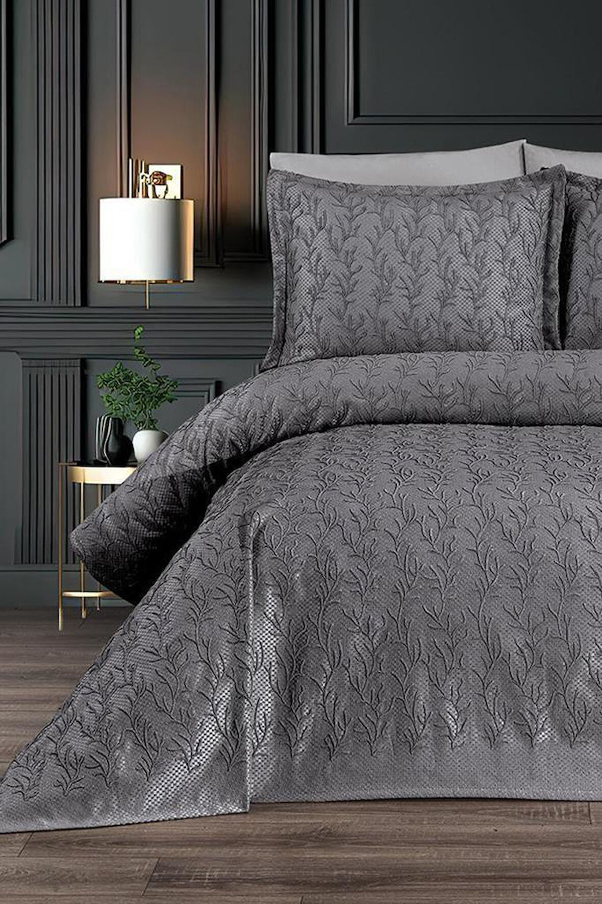 Flora Şönil Çift Kişilik Yatak Örtüsü Antrasit