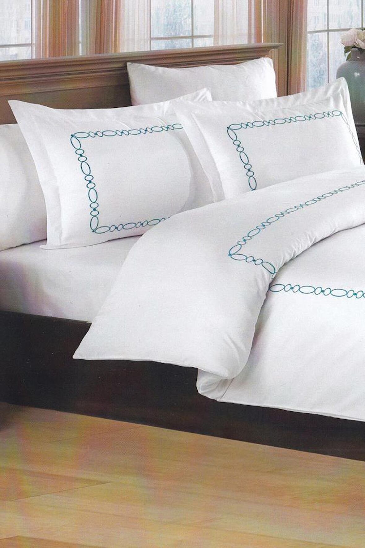 Lilyana Pano Nakışlı %100 Pamuk Saten Çift Kişilik Nevresim Takımı Blue