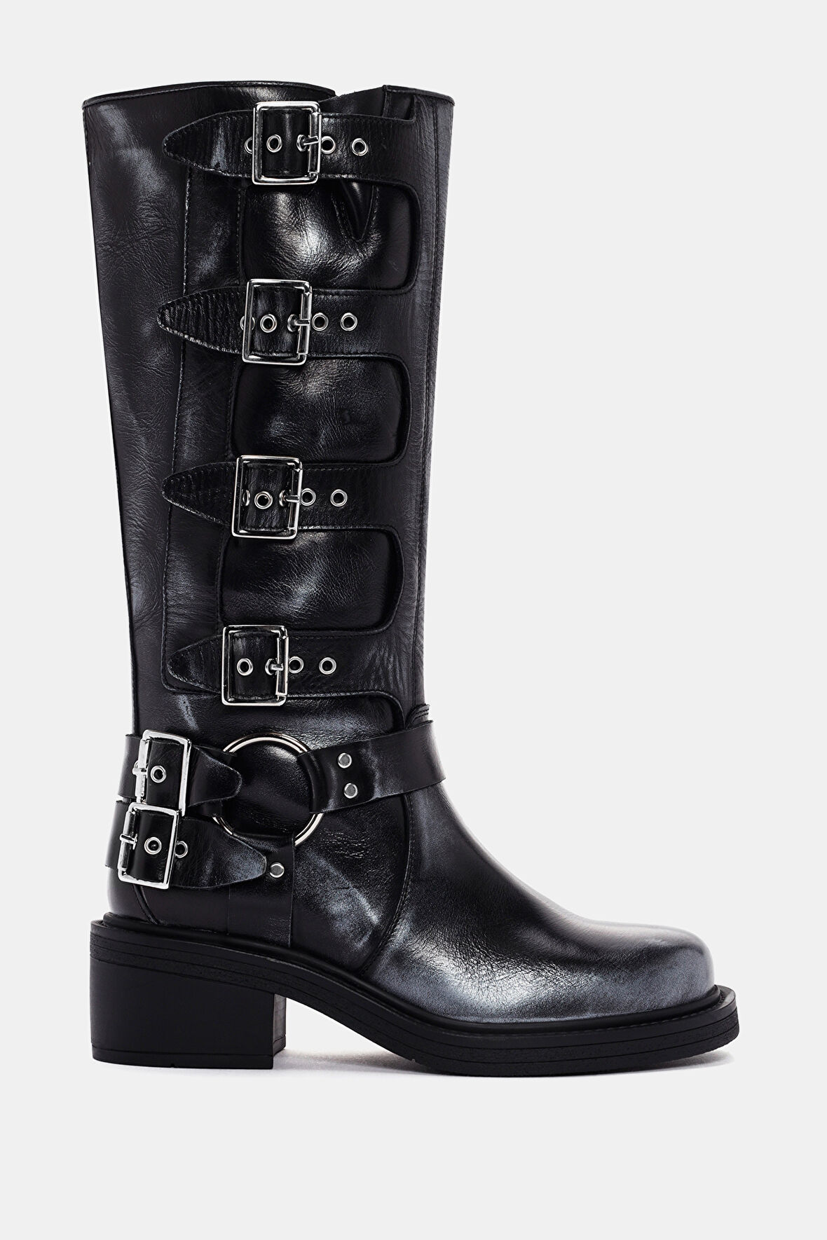 Hero Kadın Gümüş Metalik Gerçek Deri Biker Çizme