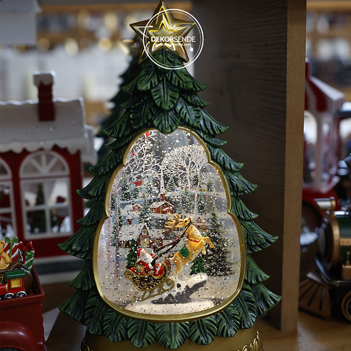 Yılbaşı Süsü Çam Ağacı Model Kar Küresi Müzikli Işıklı Yeşil 30 cm
