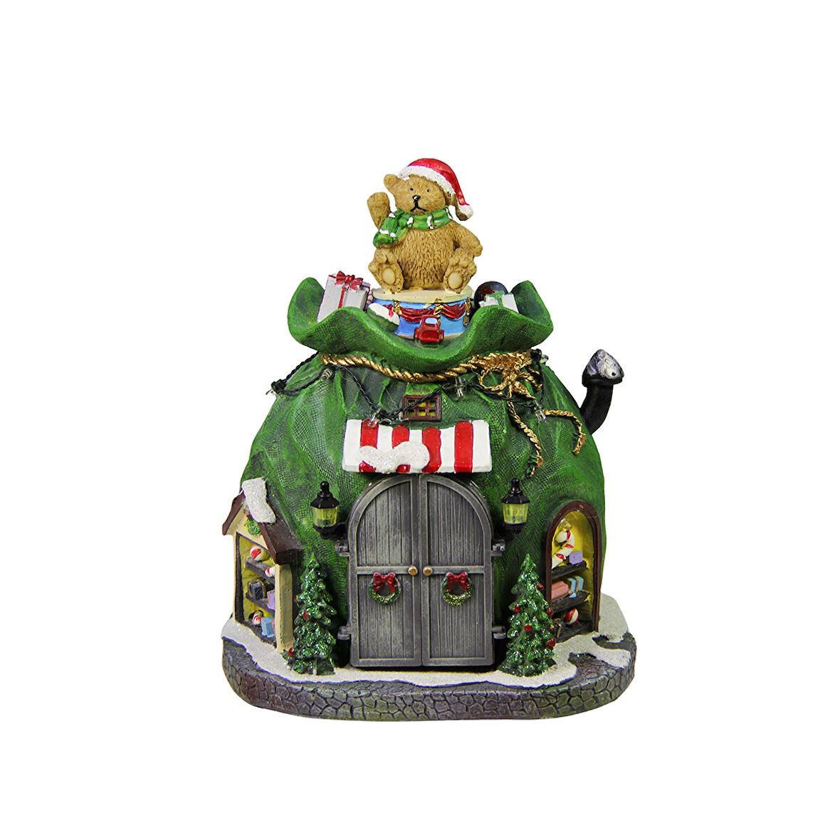 Yılbaşı Temalı Işıklı ve Müzikli Dekoratif Biblo Hediye Çuvalı Evi Yeşil 22 cm