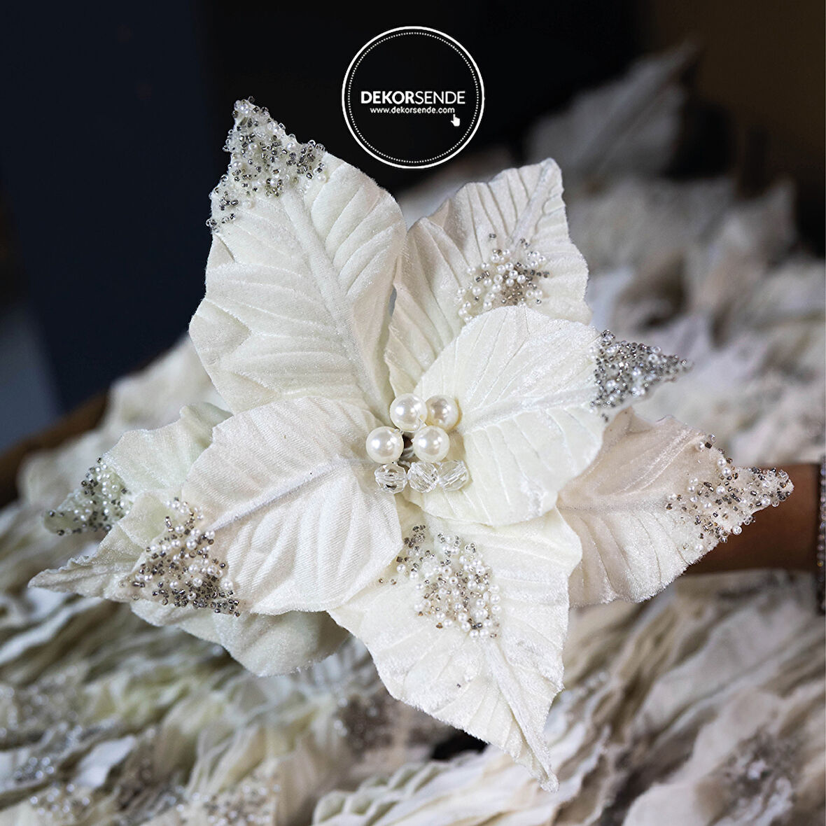 Yapay Simli İncili Ponsetya Beyaz 18 cm