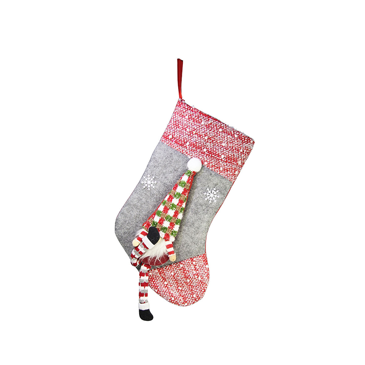 Yılbaşı Süsü Ekose Şapkalı Noel Baba Çorap Gri 60 cm