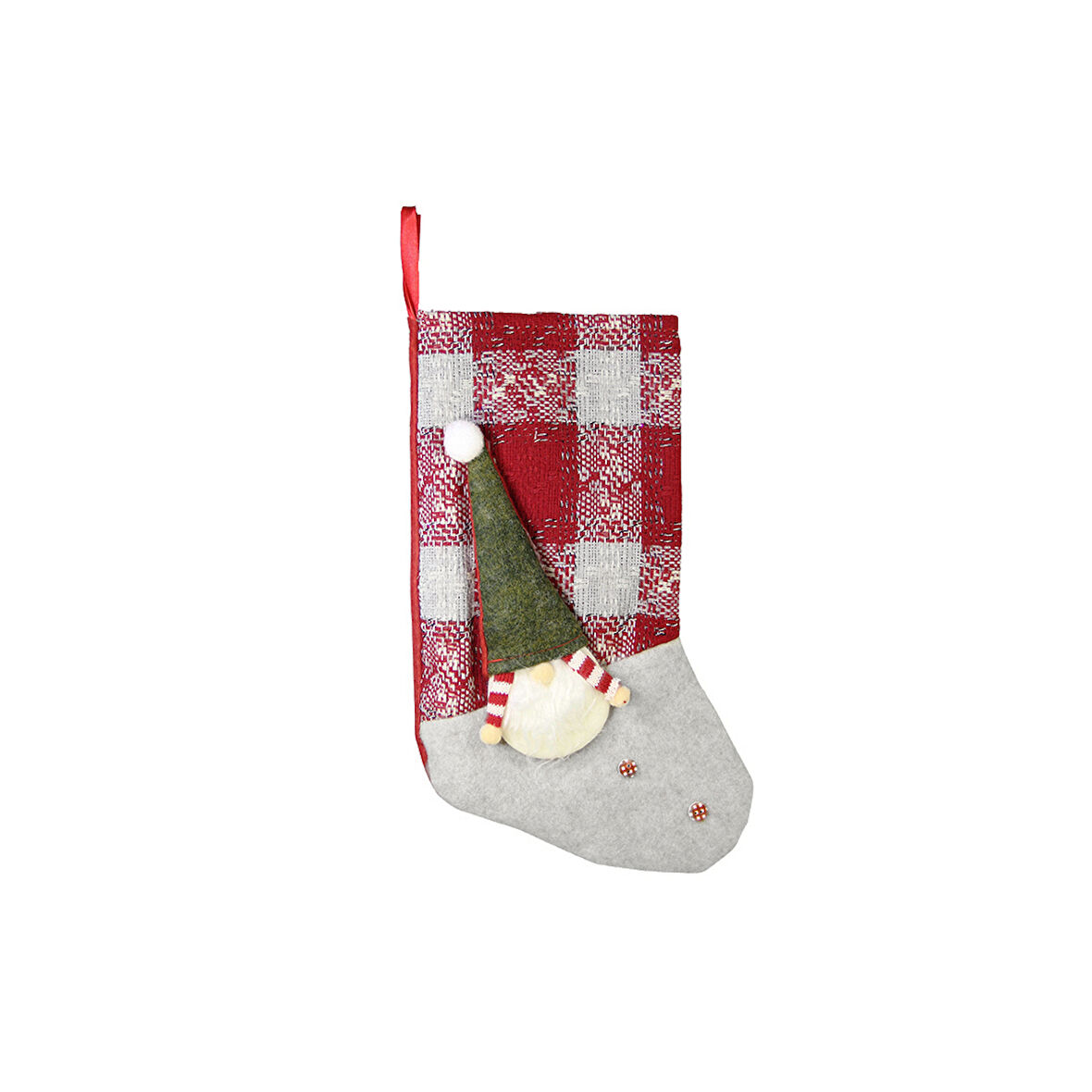 Yılbaşı Süsü kareli Yeşil Bereli Noel Baba Figürlü Çorap Kırmızı Yeşil 45 cm