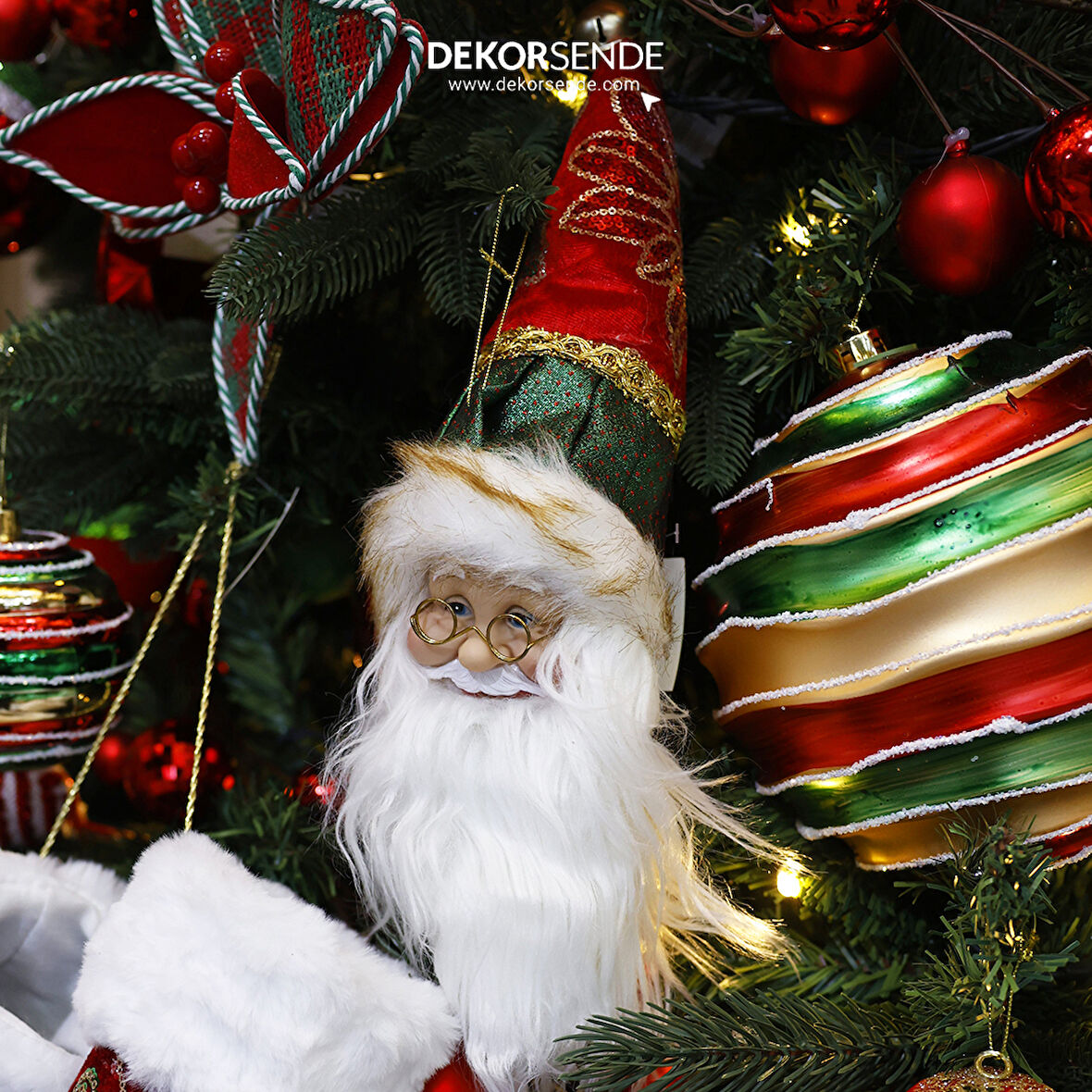 Yılbaşı Süsü İşlemeli Şapkalı Noel Baba Kafası Yeşil Kırmızı 45 cm