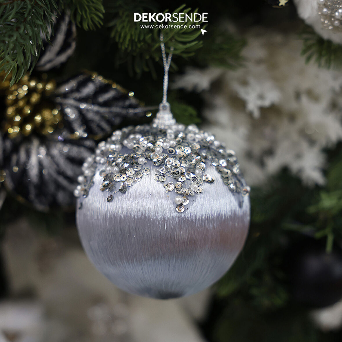 Yılbaşı Süsü Taşlı 2'li Top Gri 10 cm