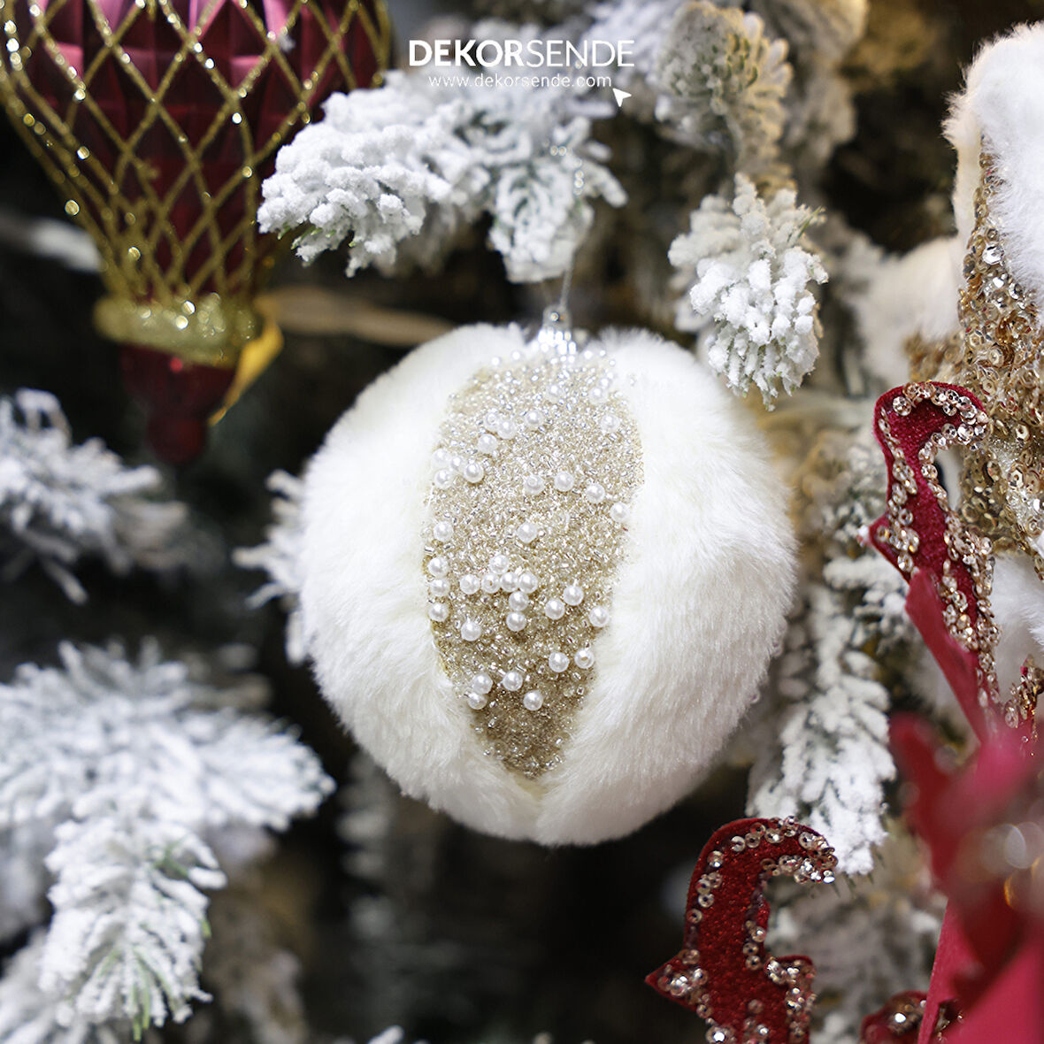 Yılbaşı Süsü Tüylü İncili 2'li Top Şampanya 10 cm