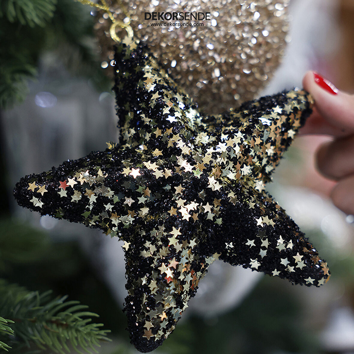 Yılbaşı Süsü Pullu Yıldız Siyah Altın 15 cm