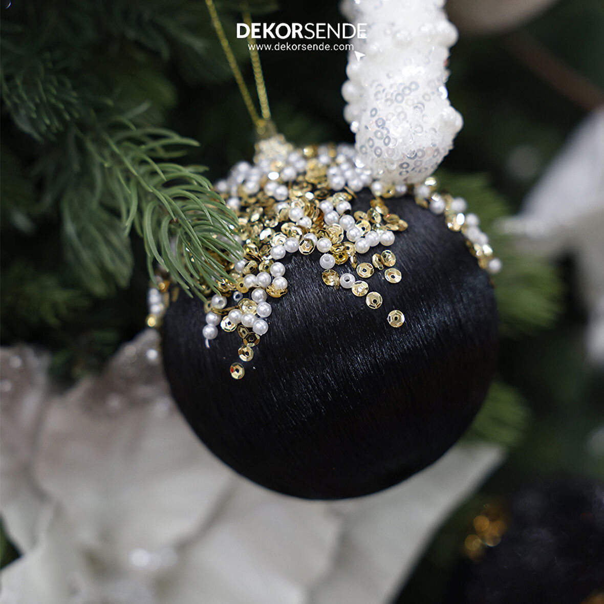 Yılbaşı Süsü Altın Pullu 2'li Top Siyah 10 cm