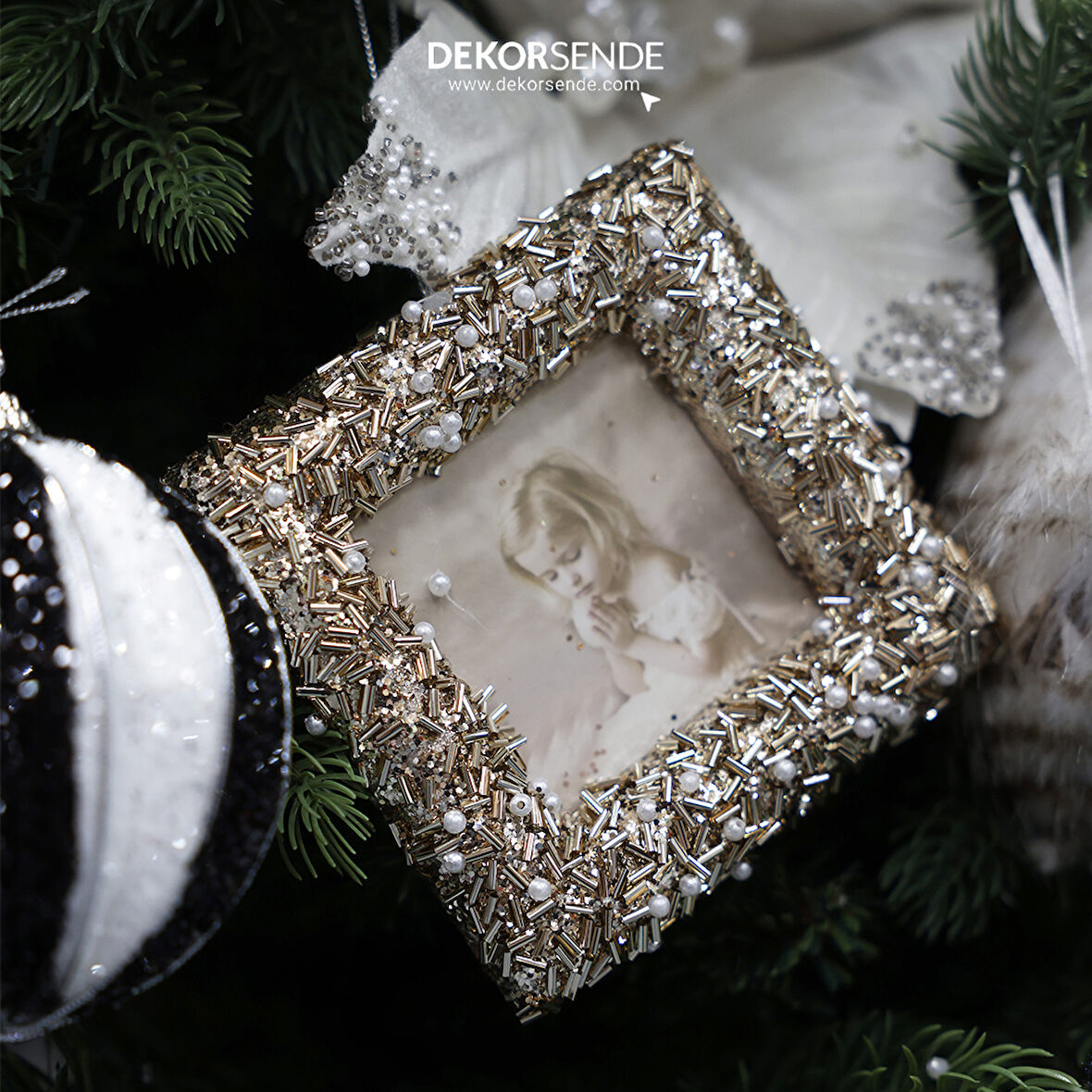 Yılbaşı Süsü Taşlı Kare Çerçeve Şampanya 12 cm