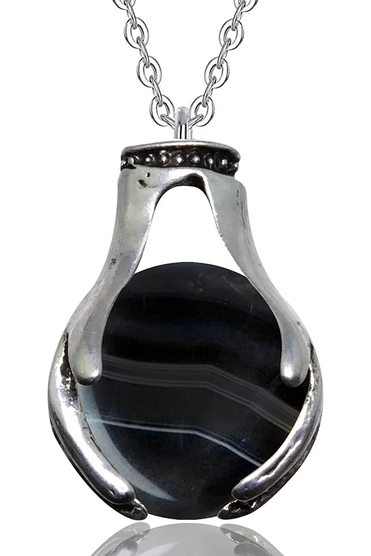 Sertifikalı El Sembolü Doğal Damarlı Siyah Akik Taşı Kolye