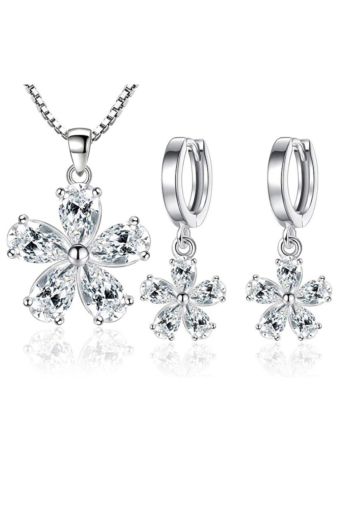 925 Ayar Kristal Taşlı Çiçek Tasarım Gümüş Kolye Küpe Seti