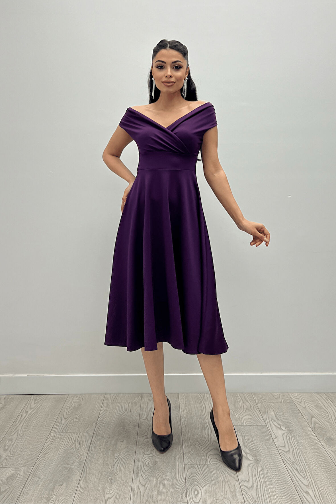 Kayık Yaka Midi Elbise - Patlıcan Mor