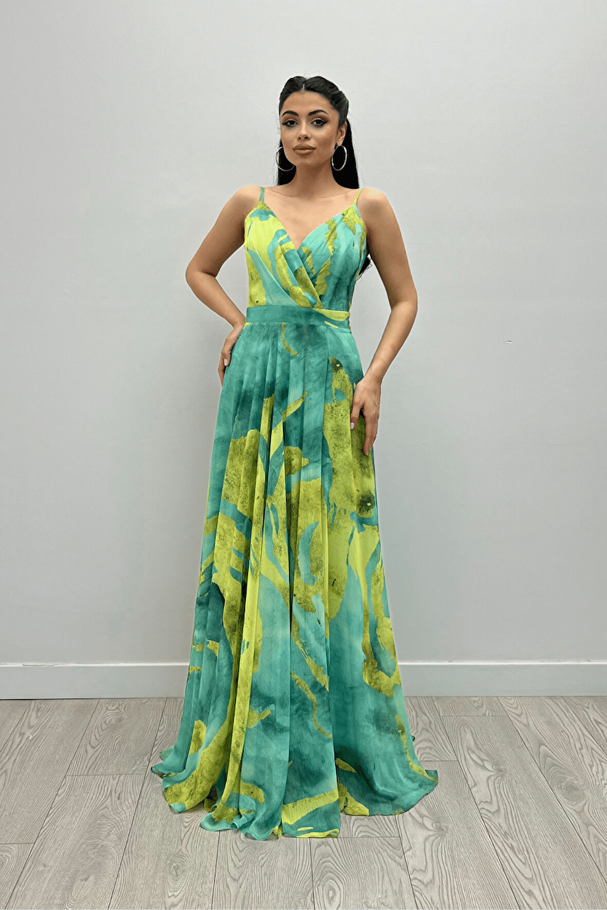 Organze Sifon Kumaş Desenli Maxi Elbise - MİNT YEŞİLİ