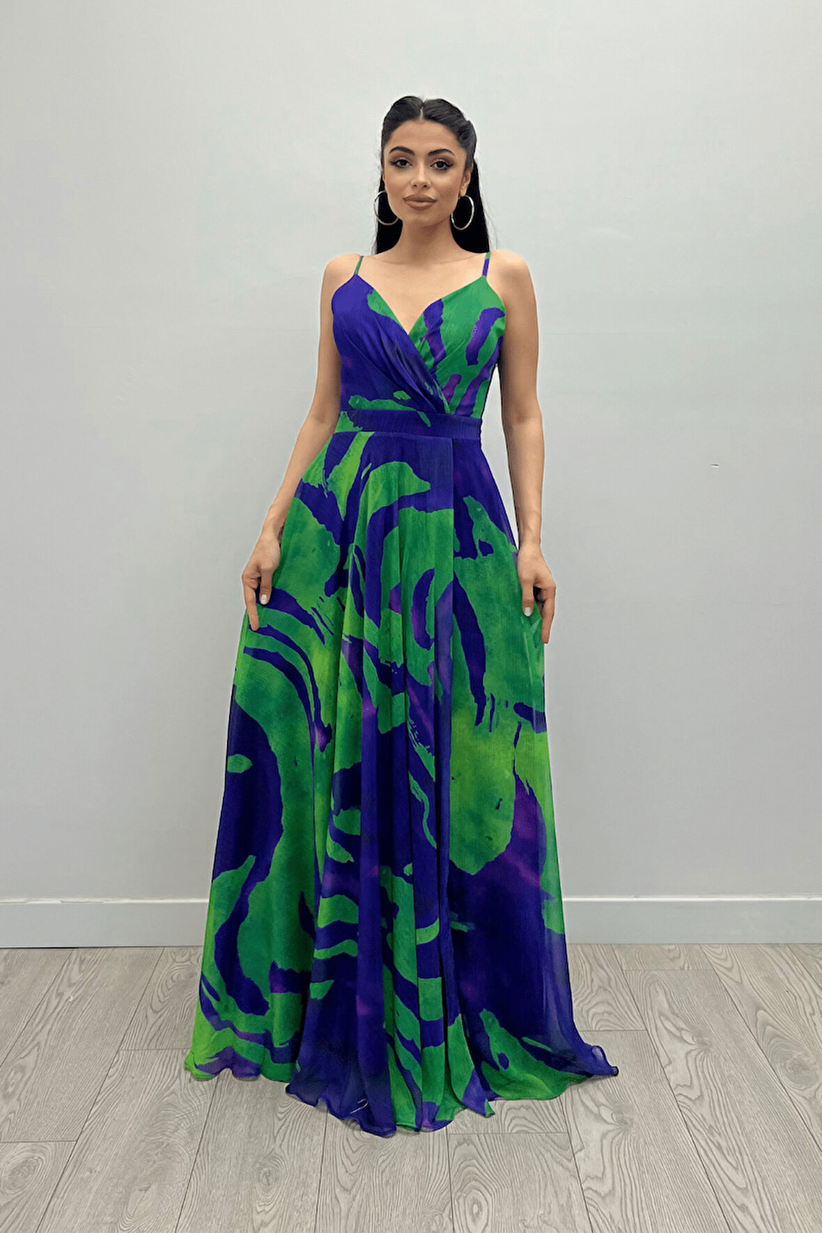 Organze Sifon Kumaş Desenli Maxi Elbise - MOR