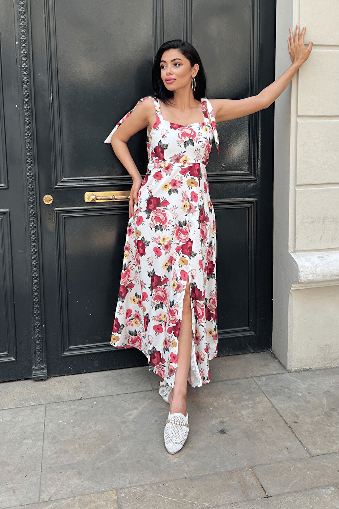 Poplin Çiçek Desenli Askılı Midi Elbise - BEYAZ