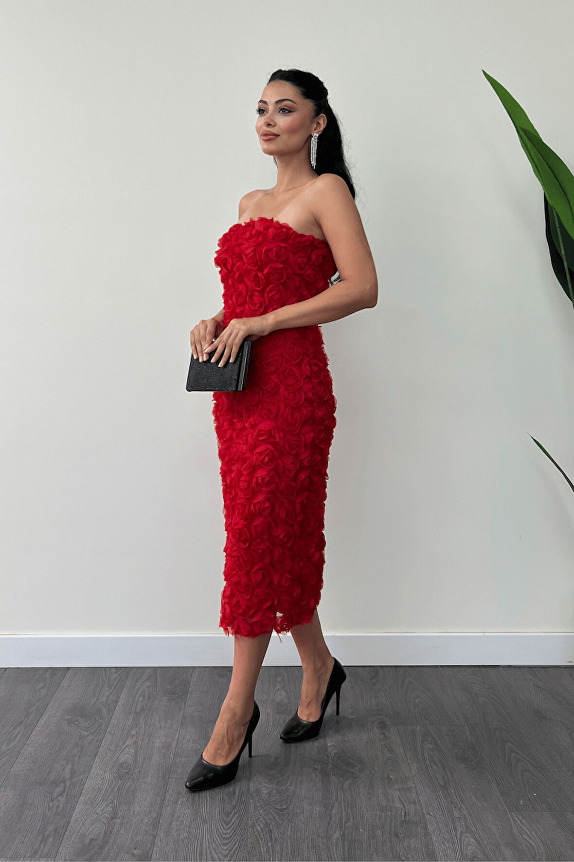 Üç Boyutlu Kumaş Bolero Detaylı Kalem Elbise - KIRMIZI