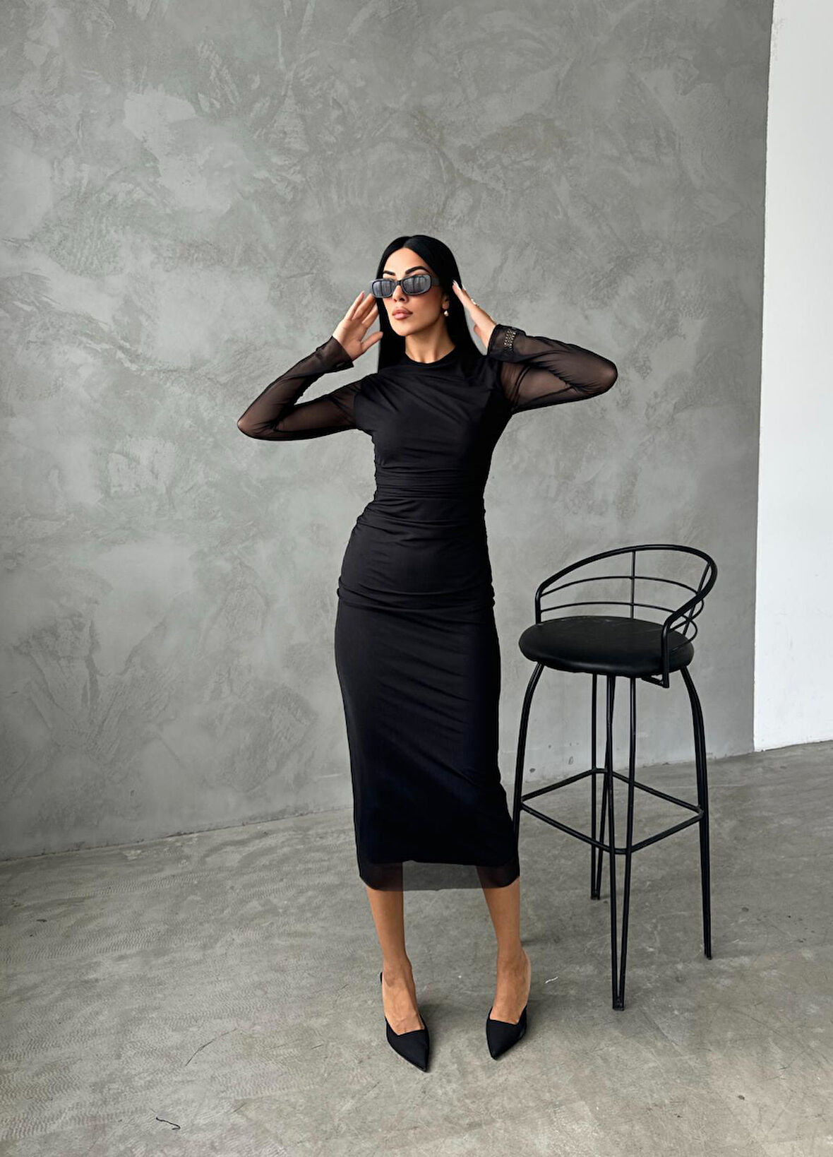 Tül Kumaş Drape Detaylı Kalem Elbise - SİYAH