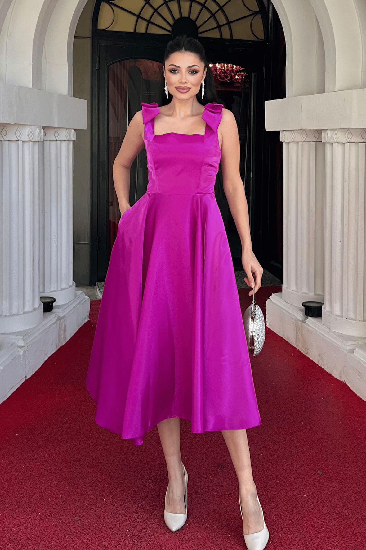 Tafta Saten Kumaş Askılı Cepli Midi Elbise - FUŞYA