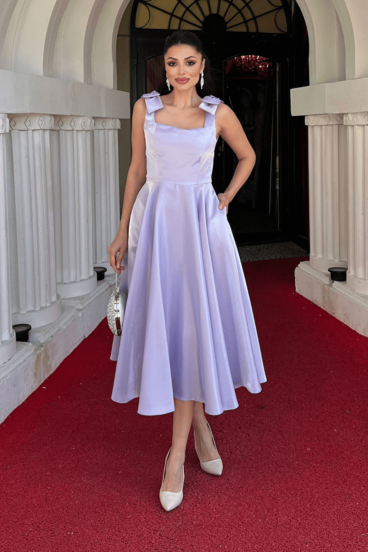 Tafta Saten Kumaş Askılı Cepli Midi Elbise - LİLA