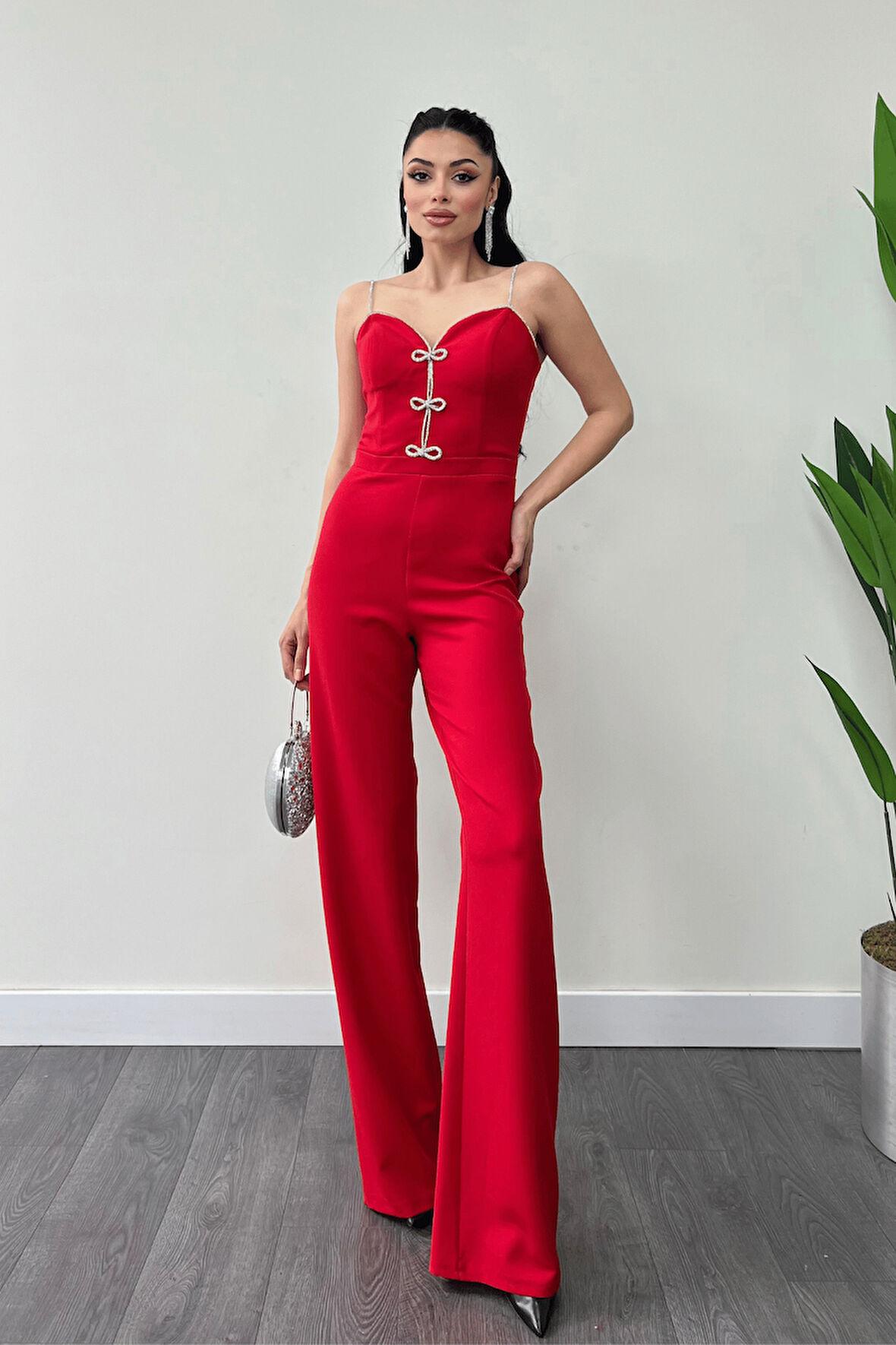 Atlas Kumaş Fiyonk Detaylı Abiye Tulum - KIRMIZI