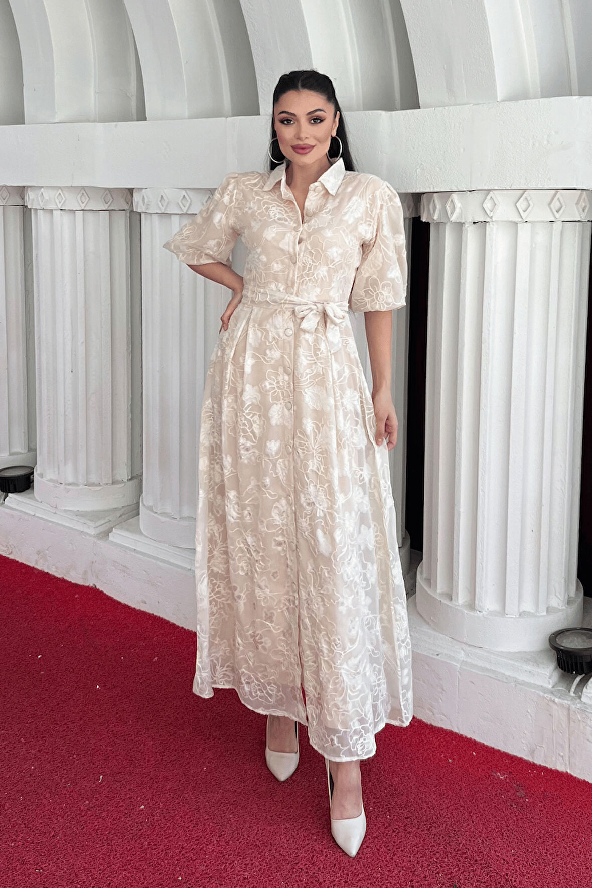 Tül Kumaş Üç Boyut Dikişli Midi Elbise - KREM