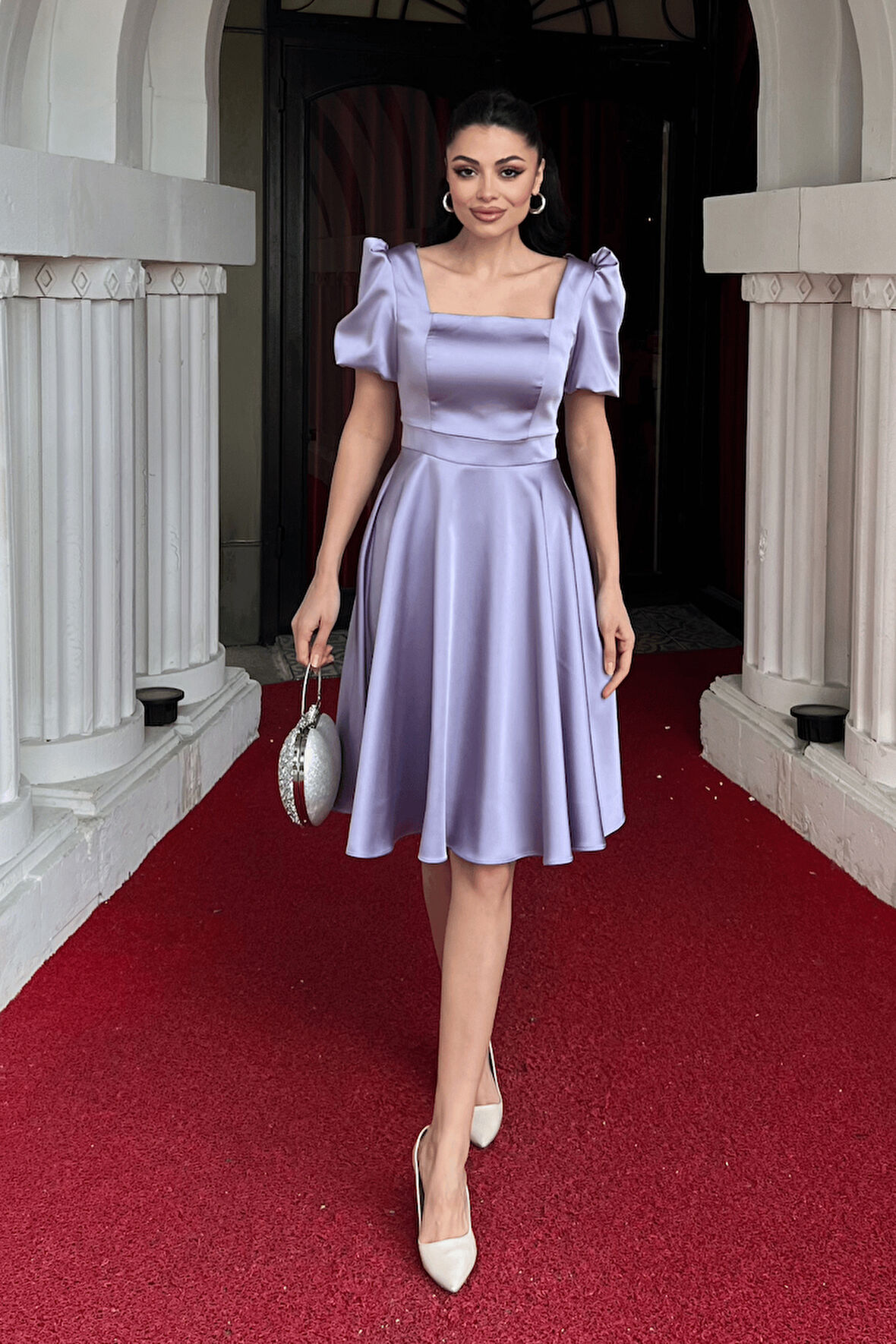 Saten Kumaş Balon Kol Mini Elbise - LİLA