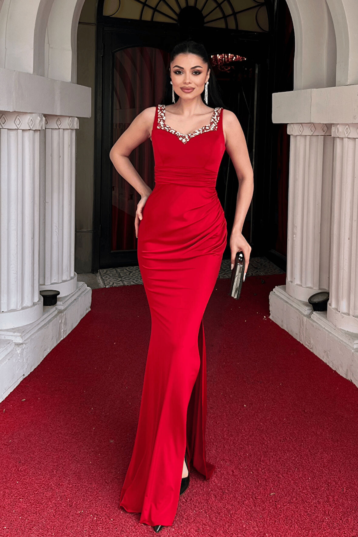 Jarse Kumaş Taş Detaylı Abiye Elbise - KIRMIZI