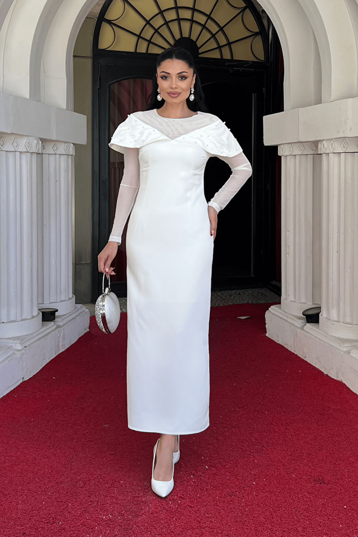 İnci Detaylı Kalem Elbise - BEYAZ