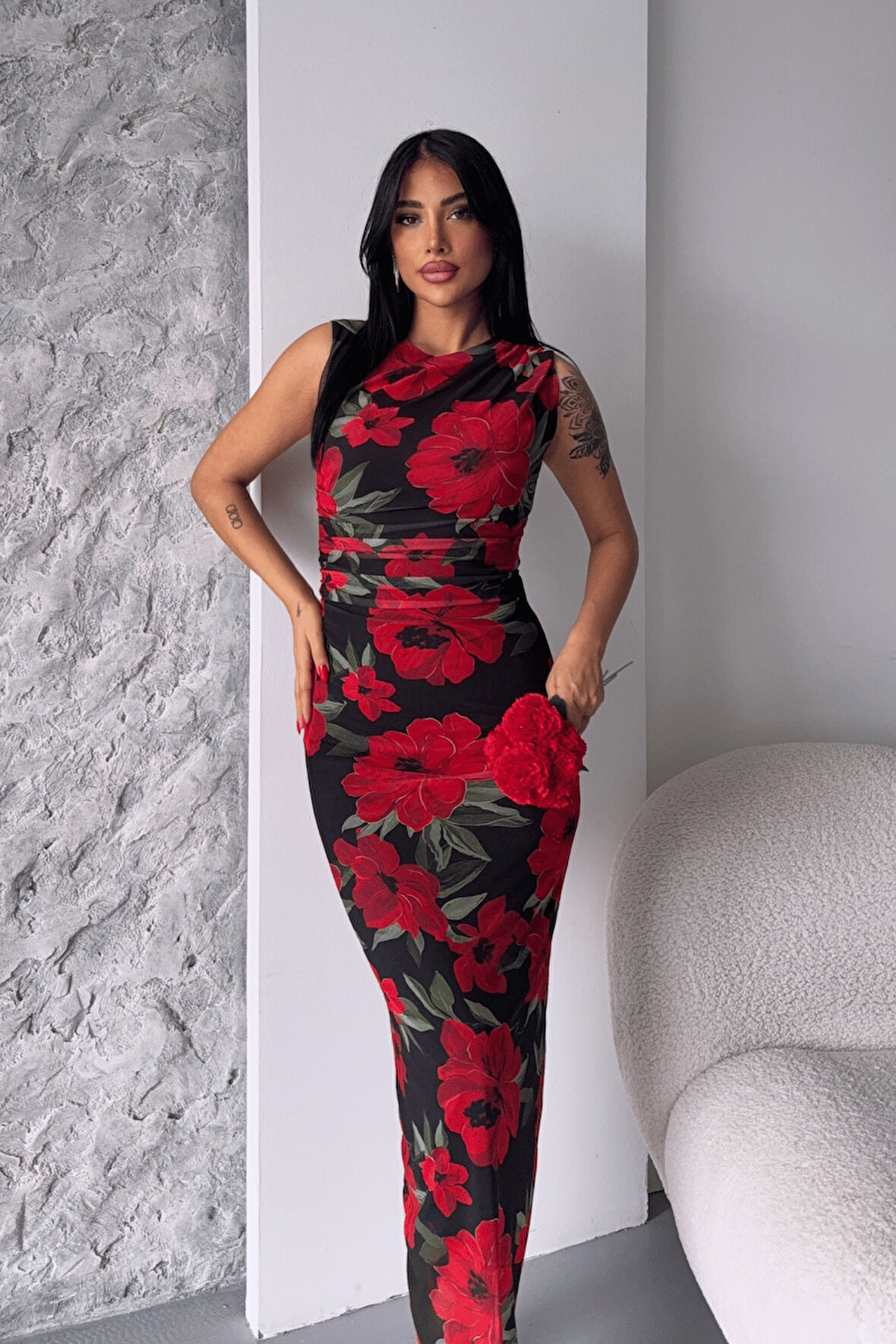 Dijital Baskı Tül Elbise - SİYAH KIRMIZI