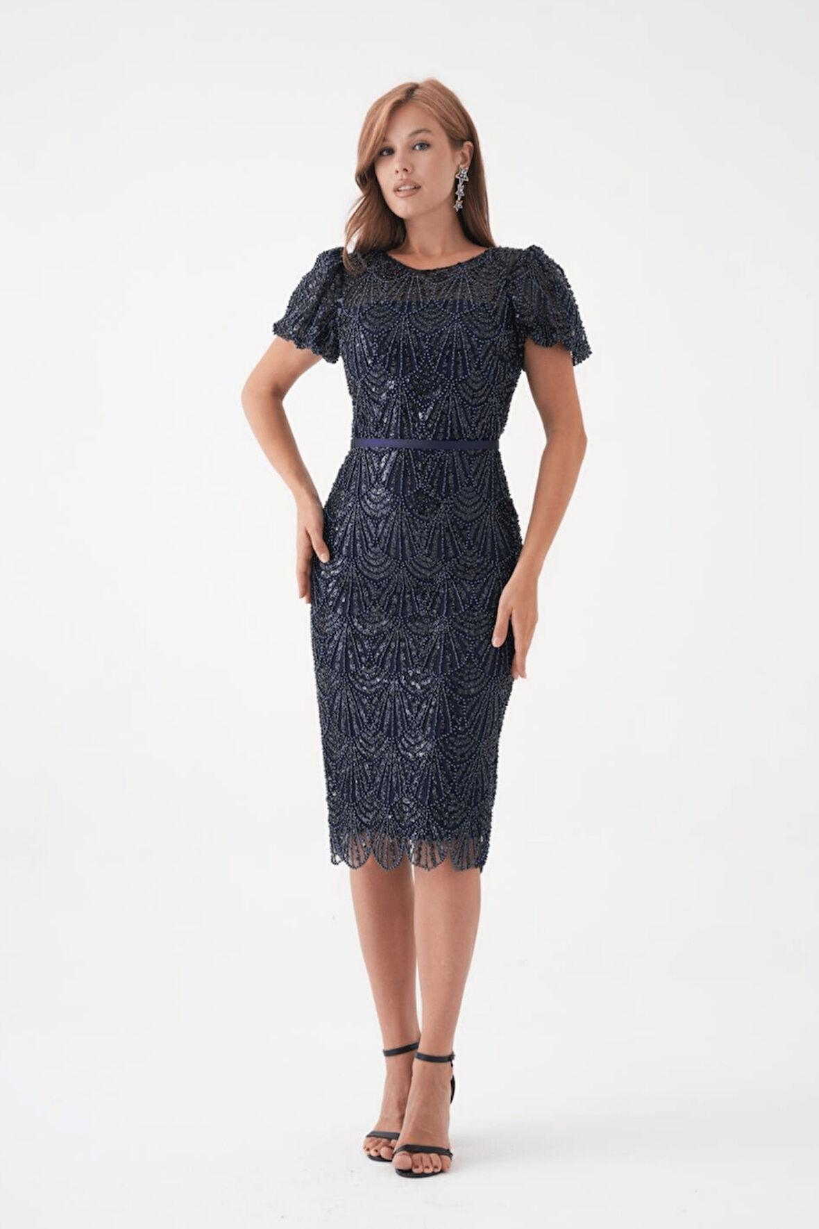 Full Boncuklu Kalem Elbise - LACİVERT